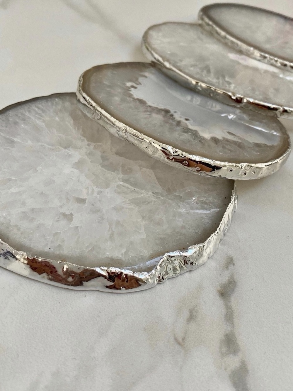 Silver-Trim White Agate Coaster Set - Picture 6 of 7